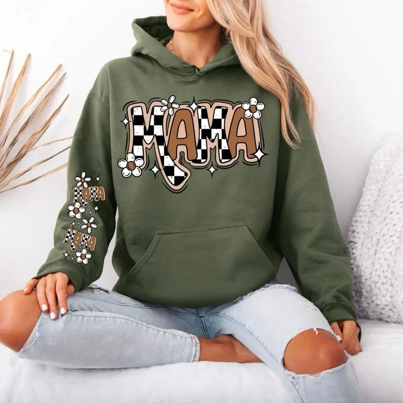 Mama Daisy Gildan hooded Sweatshirt with Sleeve design hoodie unisex sizing womenswear comfortable soft Casual Pullover Tops Fabric Pocket Mint Green Green Spandex Cotton Fit