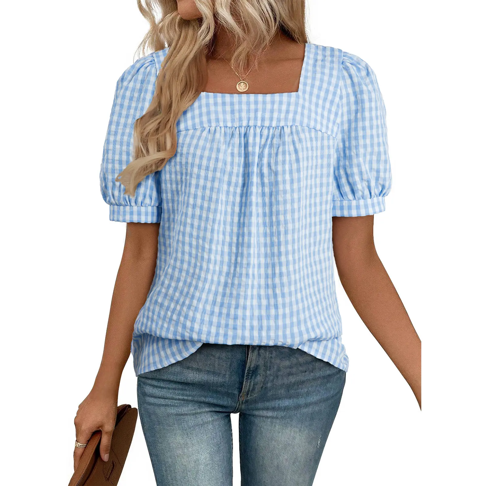 EVALESS Tops for Women Short Sleeve Tunic Blouses Square Neck Gingham Tops Cotton Blend Plaid Shirt Cute Checkered Shirt 2026 Womenswear Summer Outfits  Deals For You Days summer outfits