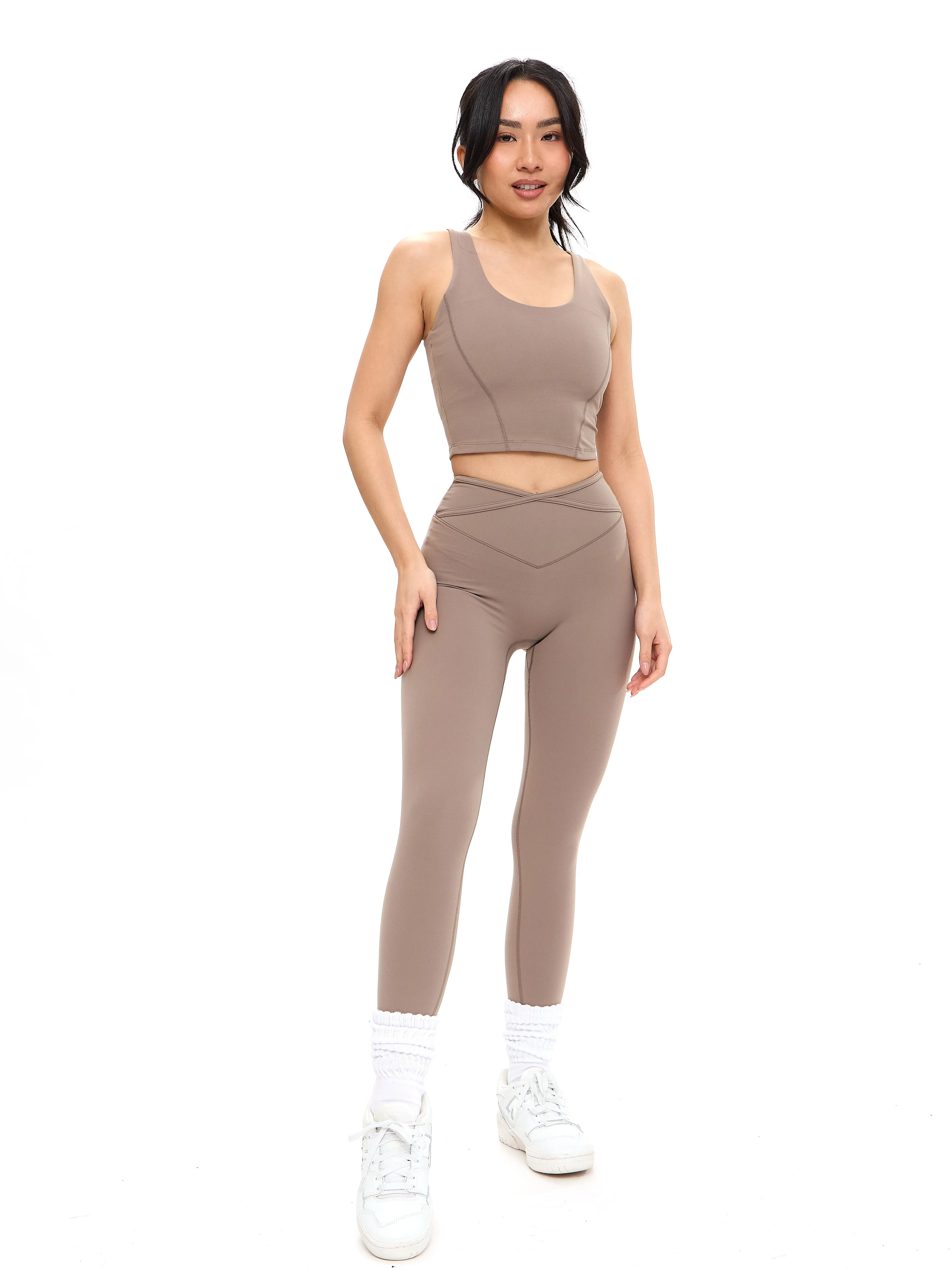 Crystal Crop V2 - Chai Latte NuBre Fabric Cropped Fit with Built-in Shelf Bra & Scoop Neckline for Medium Support