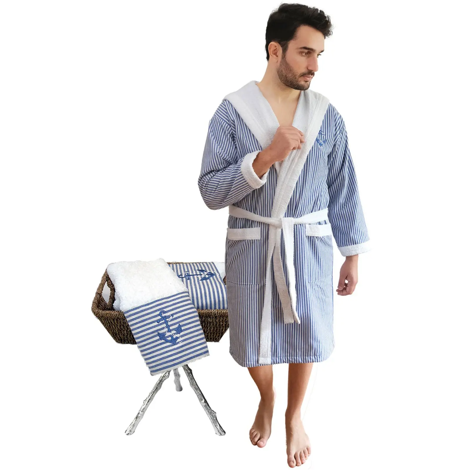 Men's Hooded Robe with Hand Towel Nautical in Blue/White Striped Cotton Blend European Craftsmanship Spa Experience