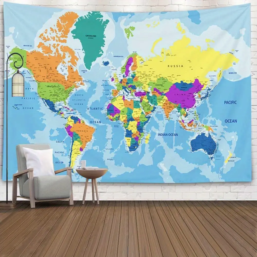 Watercolor Multi-Language Vibrant Polyester World Map Wall Tapestry 1pc, Home Decor Supplies, No Installation Needed, Modern Art for Living Room & Bedroom, Durable Home Textile
