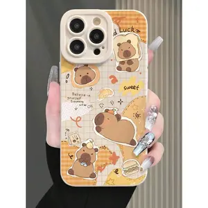 Cartoon Capybara Colorful Painting Perforated Beige Simple Fashion Shockproof Phone Case Compatible With IPhone 16/11/16pro/16plus/16promax/16e/15Promax/13/14/12/XS/XR/7G/8P , Shockproof Phone Protective Cover Waterproof Anti-Fall Scratch Resistant