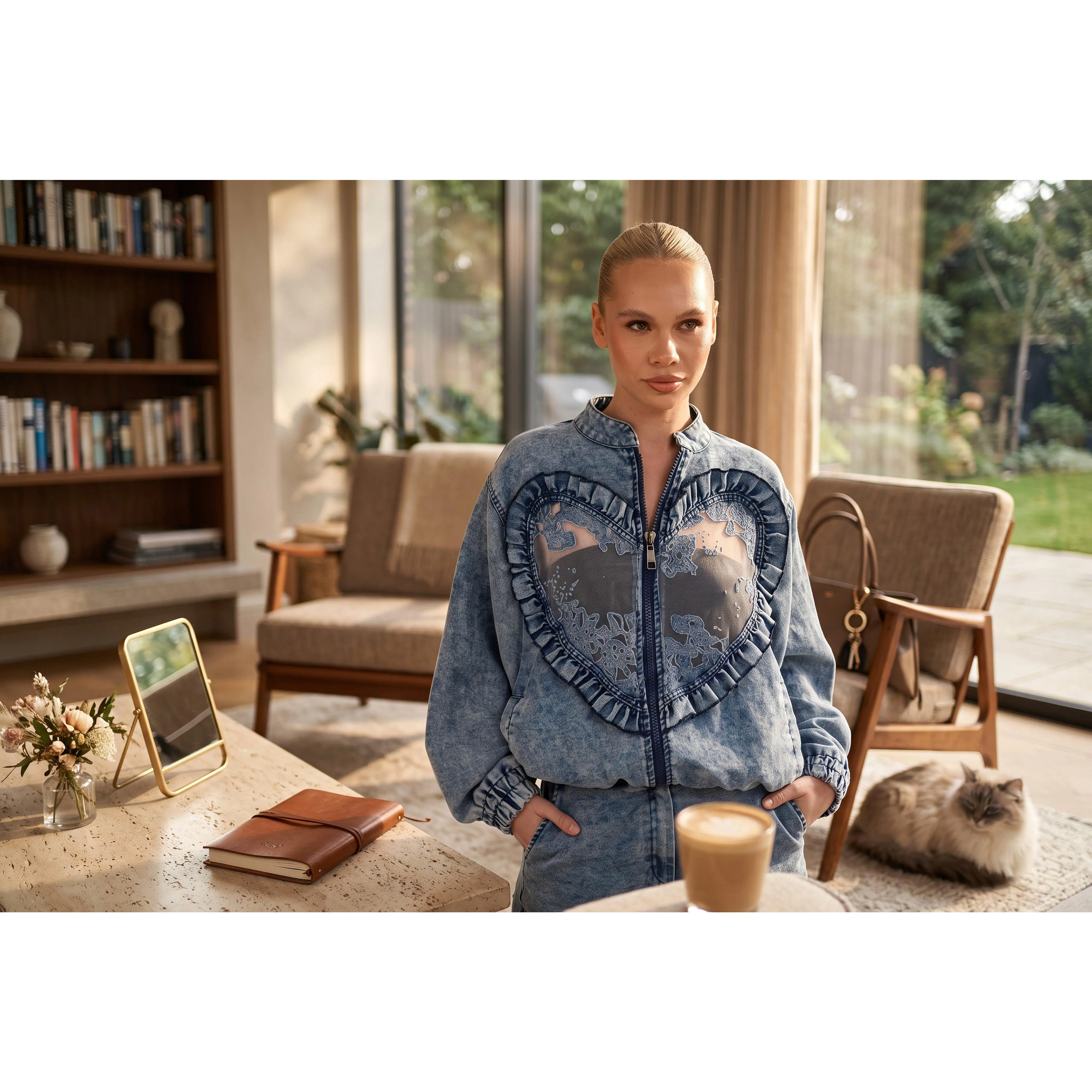 Heart Detail Acid-Wash Denim Bomber Jacket