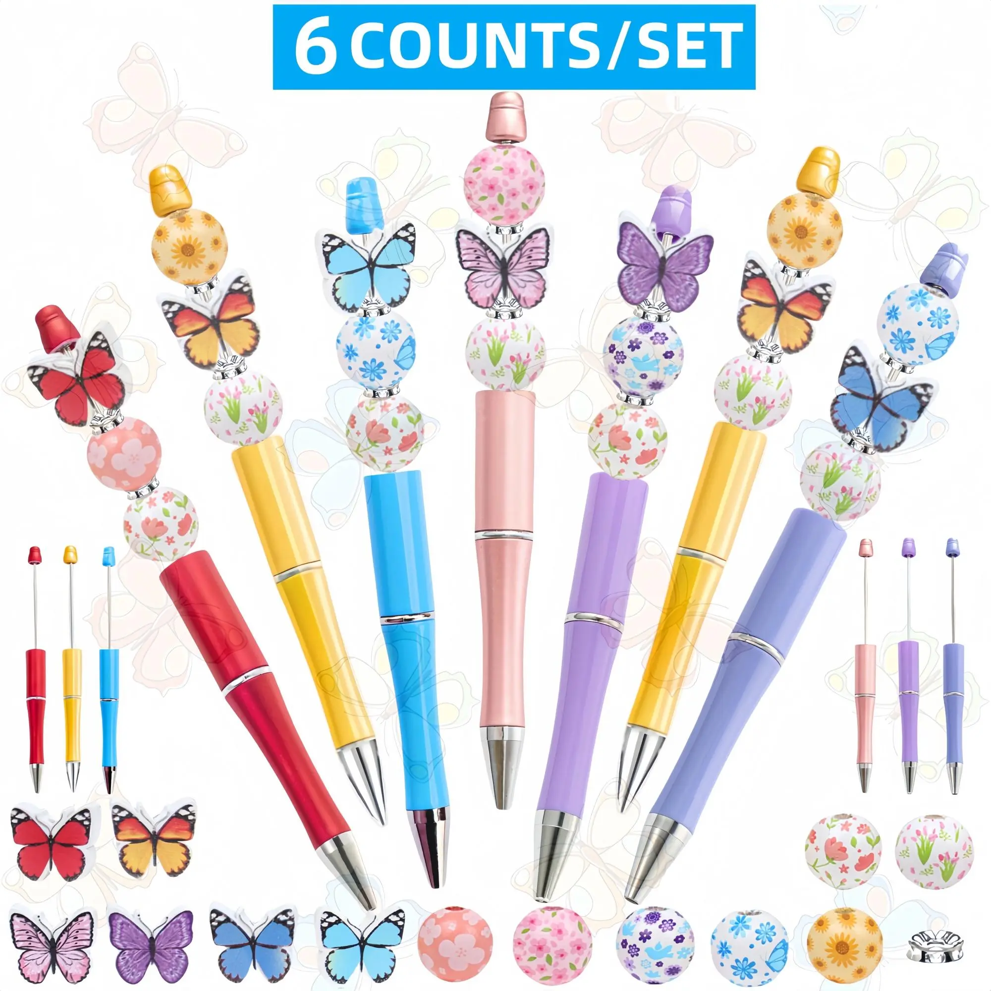 Butterfly & Flower Design Beaded Ballpoint Pen Set, 6 Counts/12pcs/set DIY Beaded Ballpoint Pen with Random Style Beads, Smooth Writing Pen for Office School Writing Tools, Ballpoint Pen Kit, Beaded Pens