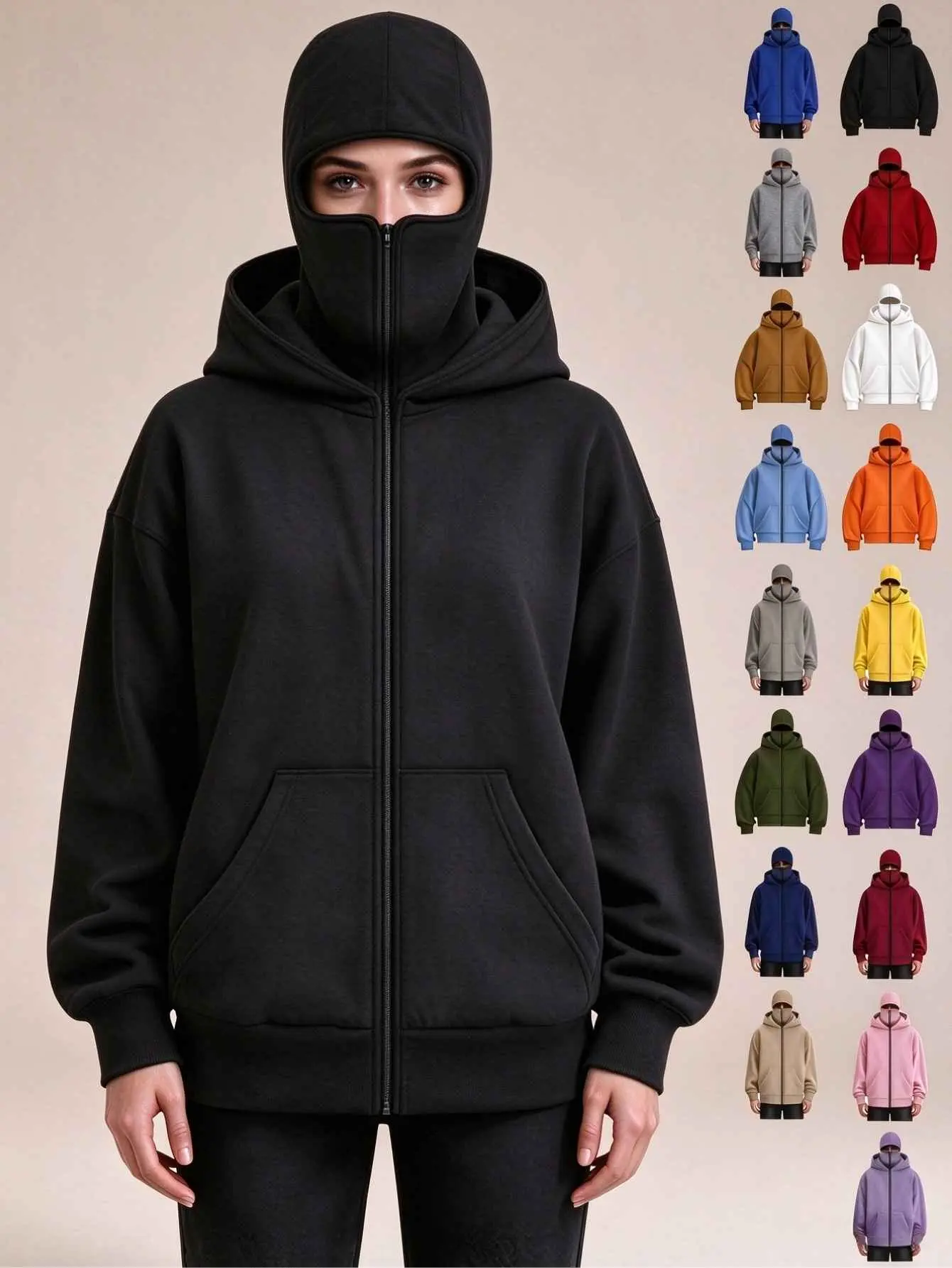 Women’s Balaclava Hooded Zip-Up Sweatshirt, Loose One-Piece Full-Face Mask Outerwear Track Top, Street Style Full-Zip Hoodie Available in Multiple Colors