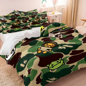 BAPE Cartoon Character Camo 3-Piece Duvet Cover Set, Ultra-Soft Microfiber Bedding with 1/2 Pillowcases (No Insert), Cute Streetwear Bedding for Kids Teens Bedroom Decor