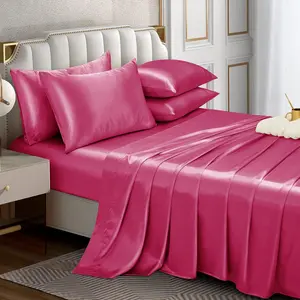 Luxury Silky & Soft 6 Count Satin Sheet Set Full Size with 16" Deep Pocket, 1 Fitted Sheet, 1 Flat Sheet, 4 Pillowcases in Hot
