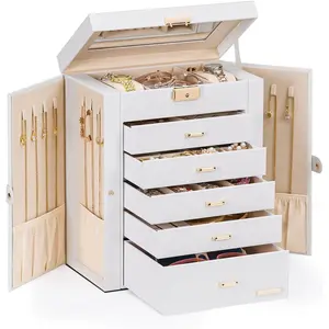 Jewelry Box Large for Women: 6 Layers 5 Drawers Organizer with Mirror for Ring Earring Necklace - Storage Holder with Lock for Dresser (White) - Christmas Gifts