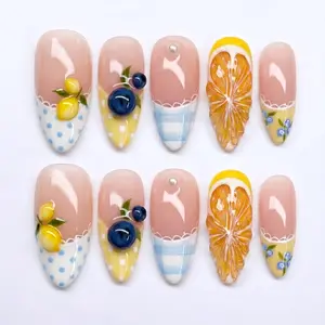 EG29- Lemon Blueberry Picnic Press-On Nails, 3D Citrus Slice & Berry Detail with Soft Plaid French Tips, Glossy Handmade Almond Nail Set, Fresh Summer Holiday Aesthetic, Handmade Nails, Gift for Her, Custom Nail