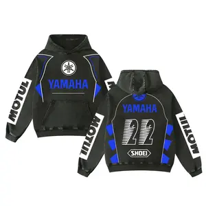 Retro Blue Yamaha Racing Washed Hoodie Motor World Champion Enthusiast Apparel Streetwear Racing Team Super Motorsports Clothing Riders Motocross Off-Road Dirt Bike Fan Gear Cotton For Moto Fan Oversized Menswear