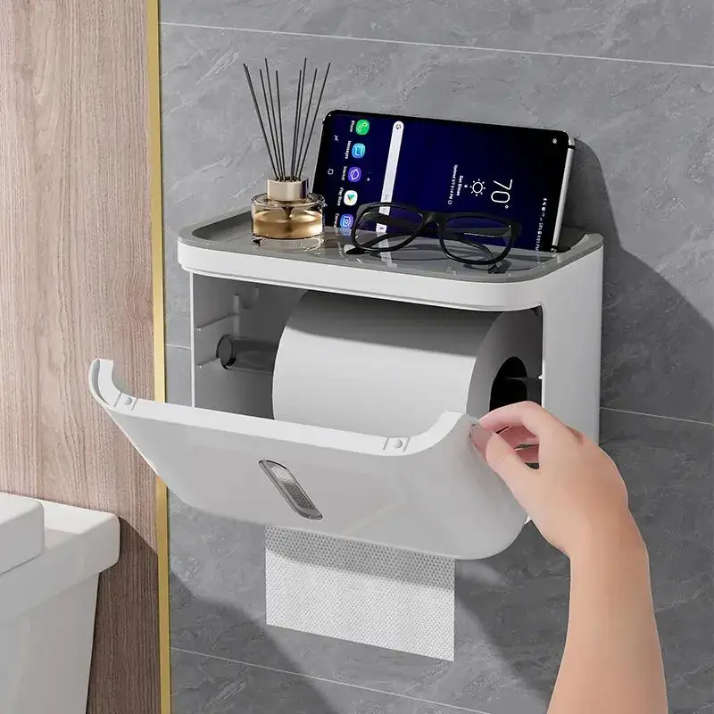 Wall-mounted Toilet Tissue Dispenser with Top Shelf for Phone, 1 Count Waterproof Toilet Tissue Holder, Free Punching Phone Holder for Bathroom
