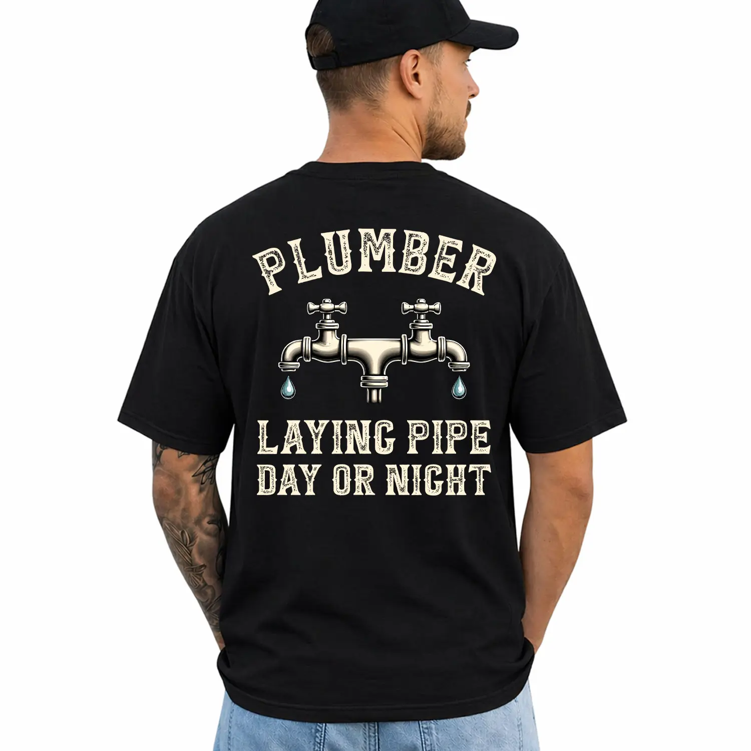 Funny Plumber Laying Pipe Day or Night T-Shirt, Short Sleeve Printed Graphic Shirt, Daily Casual Cotton Menswear