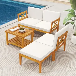 COSTWAY - 5 Pieces Acacia Wood Patio Furniture Set with 2-Tier Coffee Table and Cushions-White