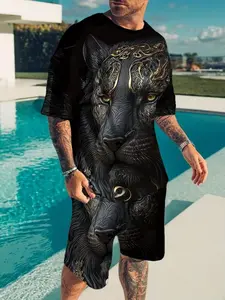 Men's Leopard 3D Digital Full-Print Round Neck Pullover T-Shirt + Beach Shorts Set, Casual Summer Outdoors