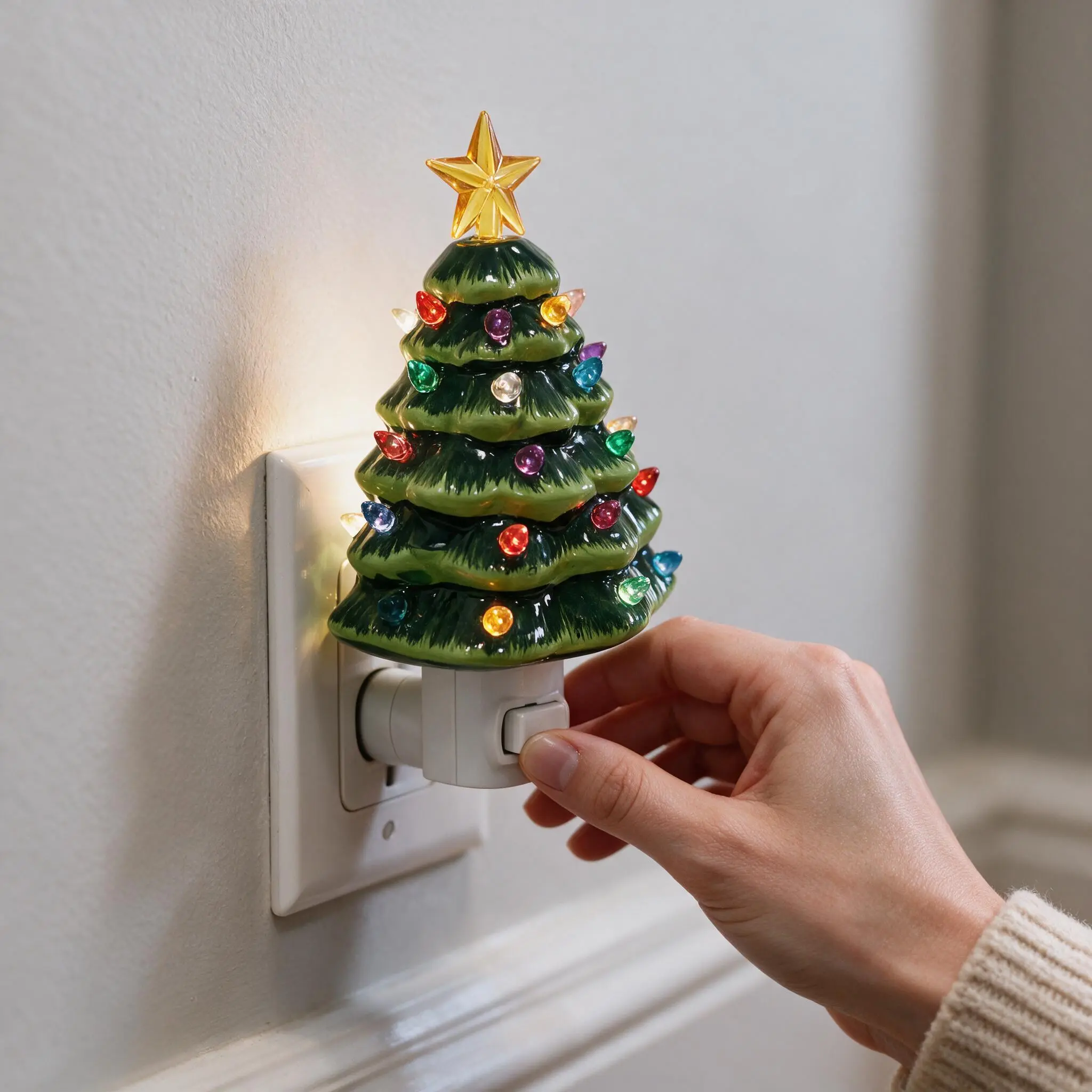 Vintage Ceramic Christmas Tree Night Light, Plug-In Holiday Decor with Multicolor Glow, Gold Star & On/Off Switch