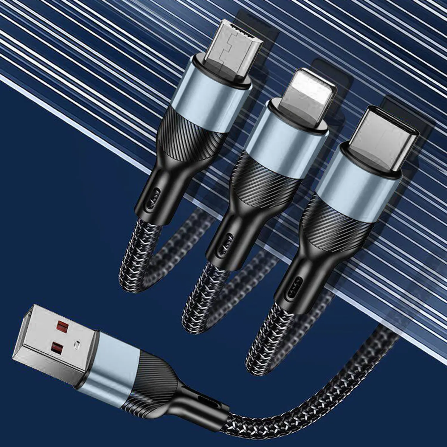 Three-in-One Rapid Charging Cable, USB TO Type-C + Lightning + Micro, 65W Intelligent Rapid Charging, Durable, game charger cable, compatible with mobile phones/tablets/gaming consoles, etc., suitable for office/home/vehicle use, Cellphone Cord
