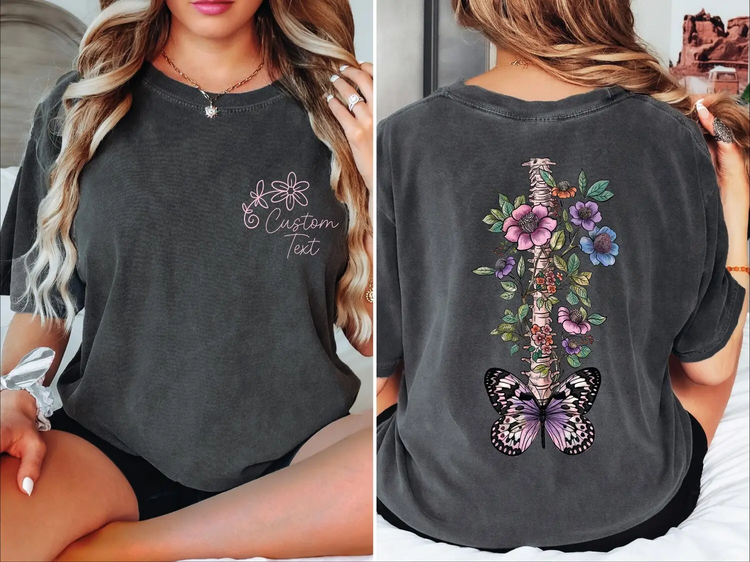 Personalized Spine T-shirt, Chiropractor Gift, Physical Therapy Radiology Nurse Shirt, Floral Skeleton Butterfly Spine, SFS663 Both Side