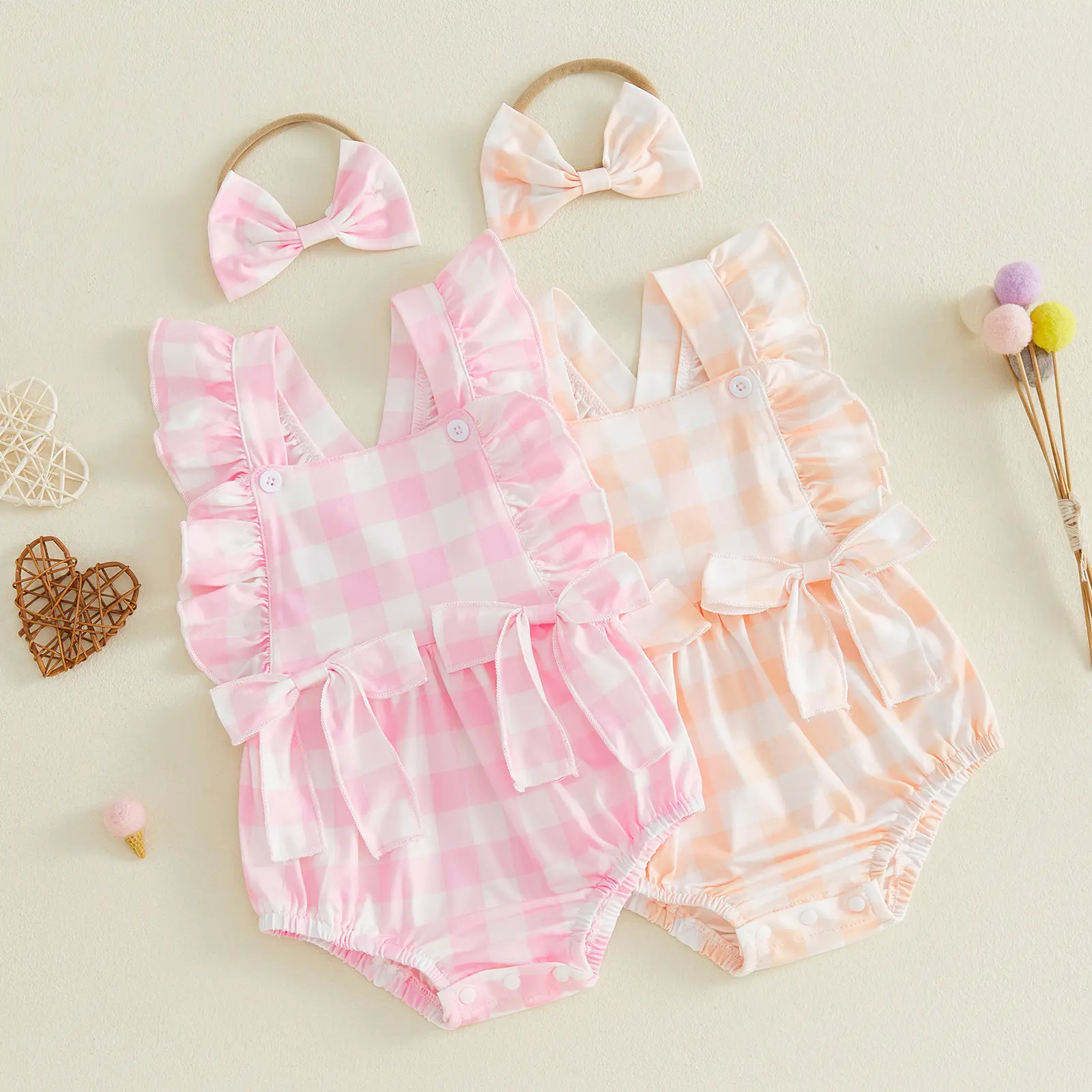 Babamoon Infant Baby Girl Summer Romper Sleeveless Plaid Ruffle Jumpsuit Onesie Bodysuit with Headband 0-18 Months
