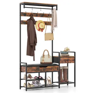 COSTWAY - 70 Inch Hall Tree with Shoe Storage Bench Freestanding Coat Rack-Rustic Brown