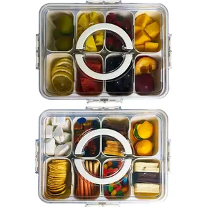 2 count Plastic Divided Serving Tray with Lid Snackle Box Charcuterie Container Portable Snack Platters Organizer for Candy, Fruits, Snacks, Nuts, for Party, Entertaining, Picnic (8 Compartment)