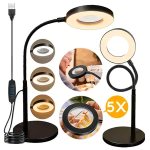 LED Desk Lamp with Magnifier, 5x Magnification, 10 Levels Brightness, 3 Adjustable Modes, USB Powered, Flexible Gooseneck Clamp Light, Adjustable Lighting