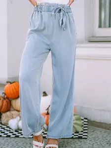 Sky Blue High Waist Pocketed Wide Leg Tencel Jeans