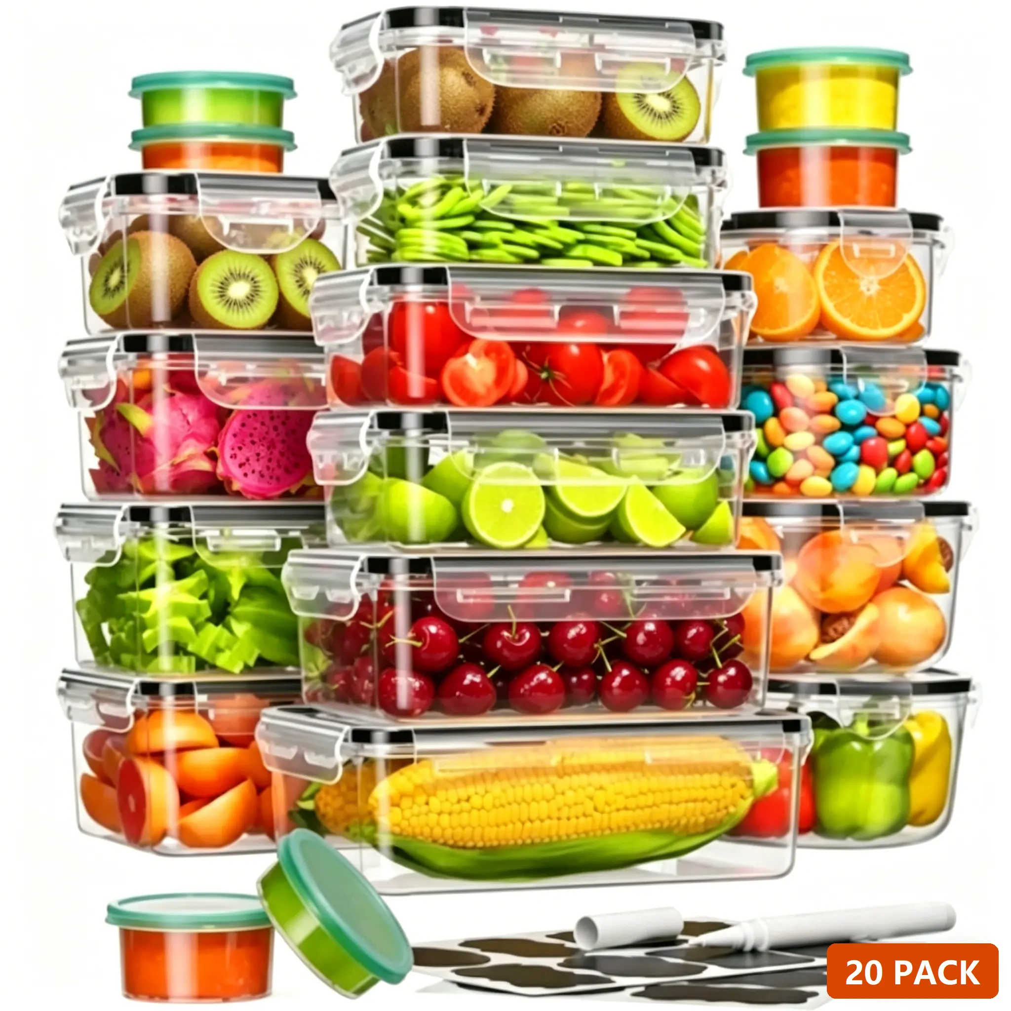 40PCS Meal Prep Containers Food Storage (20 containers and 20 lids), Fridge Fruit Storage Container Leak-proof Tupperware Sets for Kitchen Organization with Labeling Utensils,Reusable Airtight Waterproof, Microwave Safe Reusable