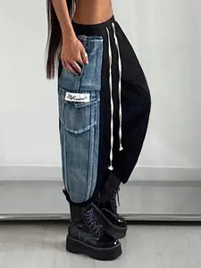 Plus Size Colorblock Denim Work Pants, Y2K Street Style, Trendy Fashion for Women, Womenswear, Streetwear, Comfortable and Stylish Jeans