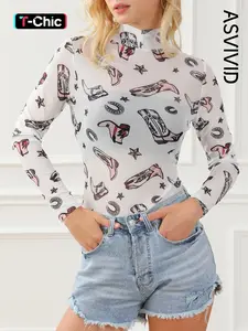 Women's Boot Print Mock Neck Semi-Sheer Bodysuit, Sexy Fashion Long Sleeve Bodysuit for Spring & Fall, Women's Clothes for Daily Wear