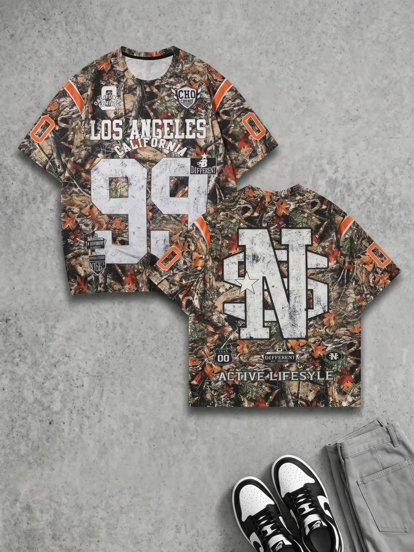 Men's Los Angeles 88 Camo Print Football Jersey, Sports clothing, Lightweight Breathable Polyester, Vintage Tree Camo Pattern, Distressed Number 88 & "LOS ANGELES CALIFORNIA" Graphic, Contrast Orange Sleeve Stripe, Camo Style Jersey