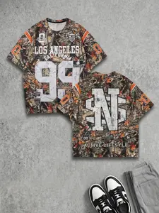 Men's Los Angeles 88 Camo Print Football Jersey, Sports clothing, Lightweight Breathable Polyester, Vintage Tree Camo Pattern, Distressed Number 88 & "LOS ANGELES CALIFORNIA" Graphic, Contrast Orange Sleeve Stripe, Camo Style Jersey