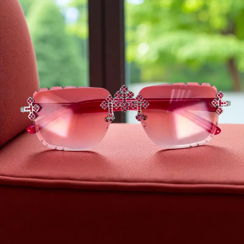 MaxBling81 Frameless Protective Sunglasses, Unisex Moissanite Triple Cross Design with Red UV Lenses for Streetwear and Festival Wear, Trendy Frames Sunglasses, Plastic, Aviator, Rimless, Uv-Protection, Cross Motif, Fashionable Eyewear