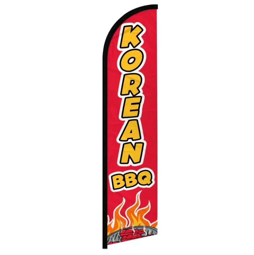Korean BBQ Print Windproof Single Flag Banner - 11.5x2.5ft Stretchable Wear-Resistant Synthetic Polyester Knit, Curved Sleeve, Easy-Install Home Supply for Outdoor Party Decor, Festive Backdrops