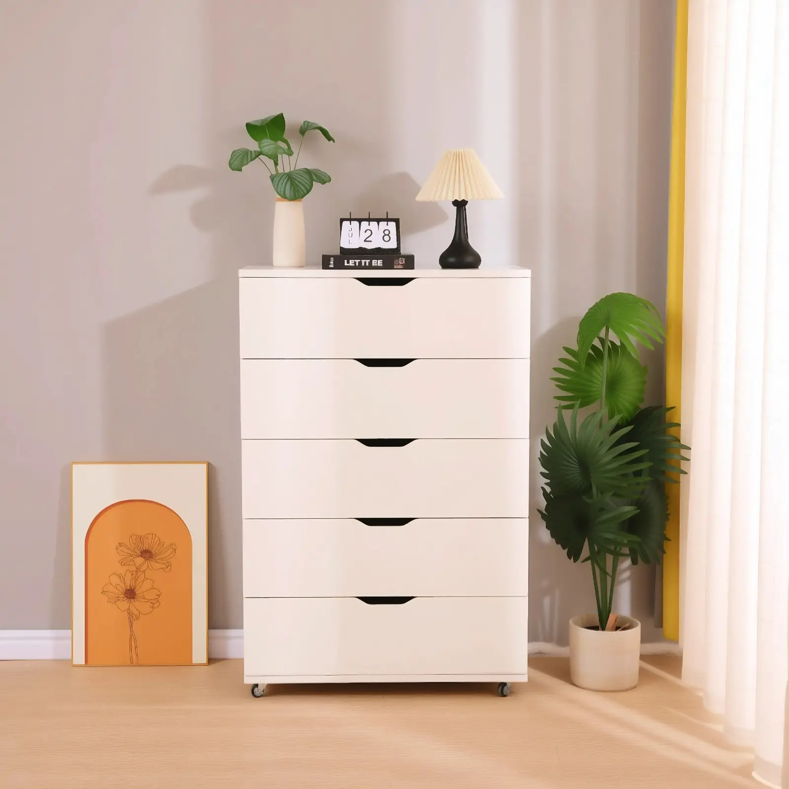 Oakault Wood Tall 5-Drawer Modern Dresser - Pre-Assembled Metal Drawer Glides, Metal Cutout Handles, Wear-Resistant Rolling Wheels, Smooth-Moving Storage Cabinet, Space-Saving Clothes Organizer (White, Bedroom Bedside Use, Moves Smoothly Between Rooms), S