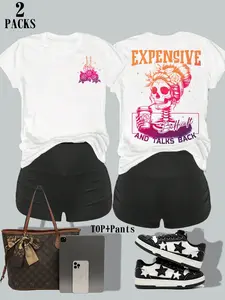 Y2K Western Sweet Cool School T-Shirt Set, Casual High Waist Ruched Shorts, Breathable Fabric, Spring & Fall Fashion