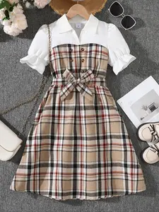 Girls' Fashion Casual Sporty Collared Button Dress, Girl Clothes School, Shirt Collar Plaid Patchwork, Summer Sweet Style, Best Gift for Ages 8-12, Buttoned Dress