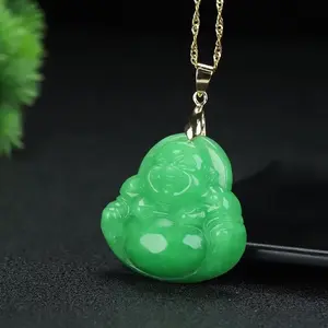 Smiling Laughing Buddha Green Jade Pendant Necklace Rope Chain Genuine Certified Grade A Jadeite Jade Hand Crafted, Jade Neckalce, 14k Gold Filled Buddha necklace, Jade Medallion