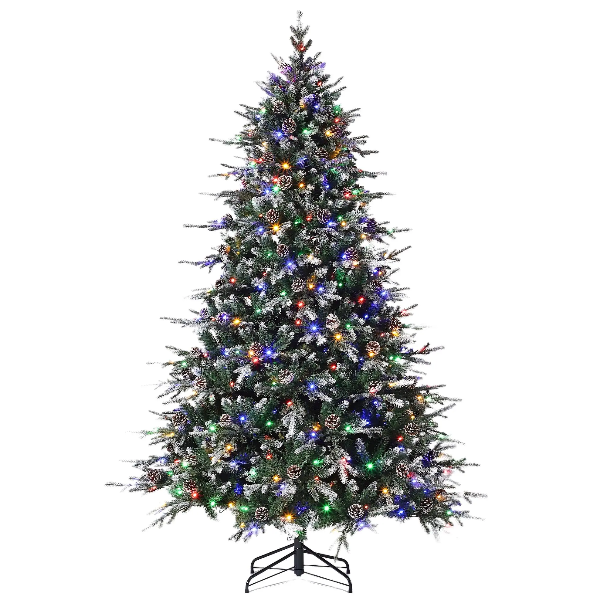 6FT Pre-Lit Snow Flocked Christmas Tree with 300 LED Lights, Pine Cones & Gloves, Automatic Expansion, Folding Stand for Home Decor