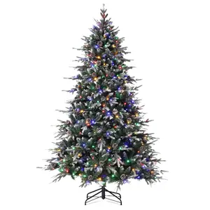 6FT Pre-Lit Snow Flocked Christmas Tree with 300 LED Lights, Pine Cones & Gloves, Automatic Expansion, Folding Stand for Home Decor