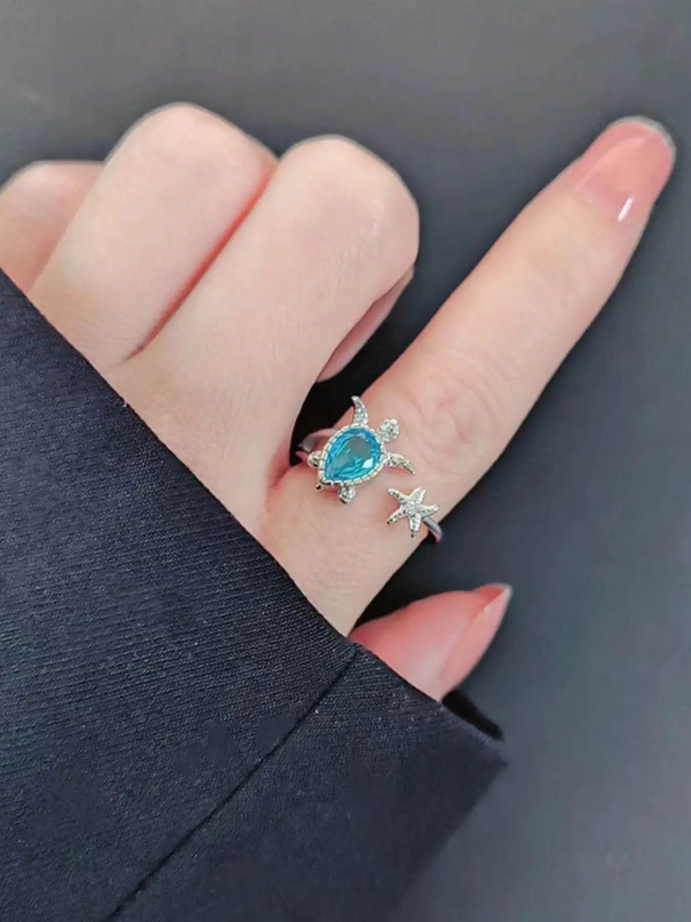 Adjustable Open Ring for Women, Allergy-Proof Silver Color, Turtle & Starfish Design, Blue Crystal & Zircon, Beach Style Jewelry, Crystal Rings
