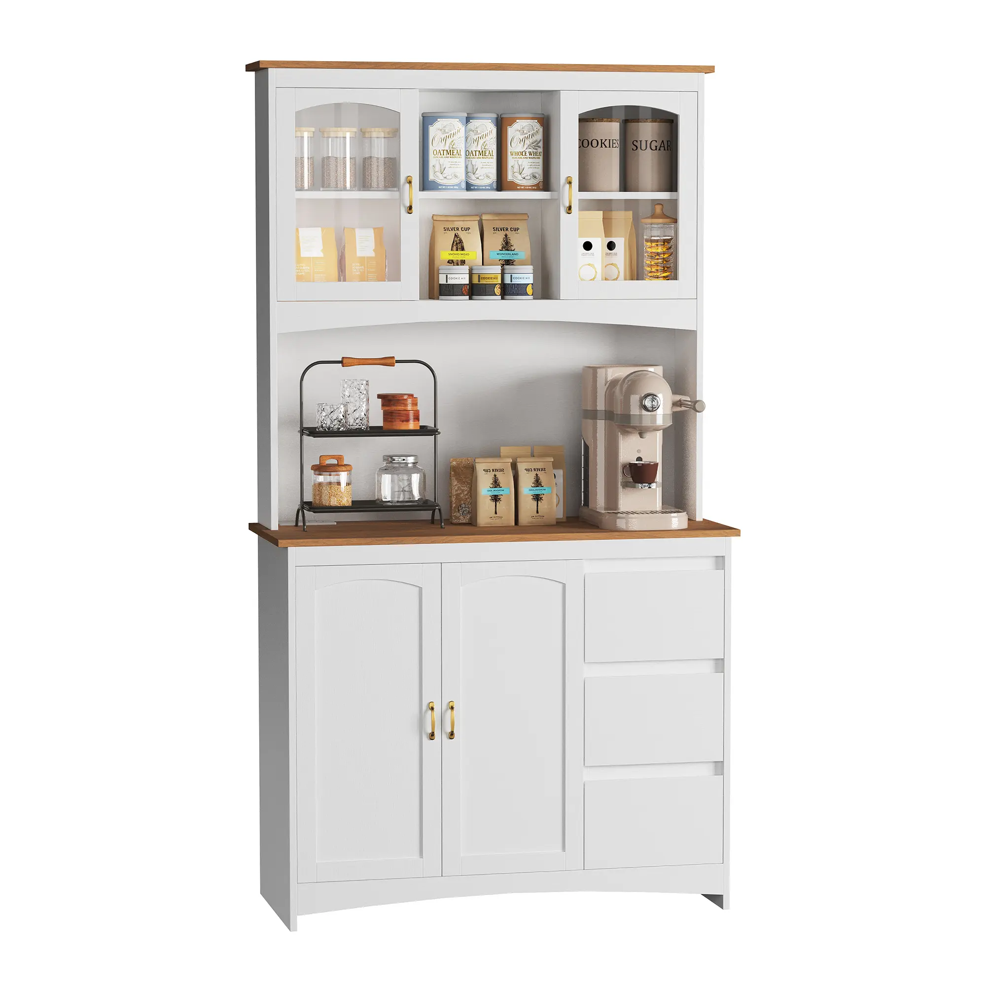 Tall Kitchen Pantry Cabinet with LED Lights & Charging Station – White Storage Hutch, Countertop, 3 Drawers, 4 Doors, Adjustable Shelves, Coffee Bar, Microwave Cabinet for Dining Room – Classic White + Brown, Golden Handle