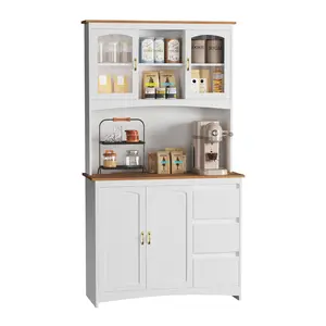 Tall Kitchen Pantry Cabinet with LED Lights & Charging Station – White Storage Hutch, Countertop, 3 Drawers, 4 Doors, Adjustable Shelves, Coffee Bar, Microwave Cabinet for Dining Room – Classic White + Brown, Golden Handle