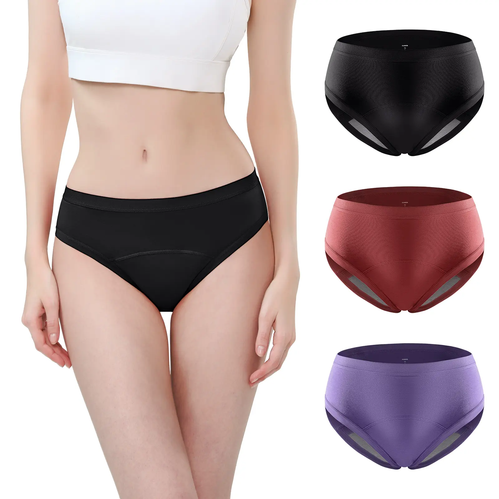 CARER 3-Pack Women's Period Underwear, Plain Cotton Mid-Waist Bikini Panties, Leak Proof for Heavy Flow & Postpartum, Breathable, Comfortable, Waterproof, Lady, Light, Flexible, Brief, Chic, Cute