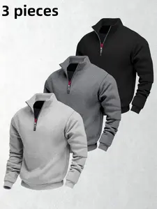 3-piece men's fleece semi-zipper stand-up collar knitted sweatshirt, loose fit, soft and slightly elastic fabric, suitable for daily wear in autumn and winter. Men's long-sleeved pullovers sweatshirt