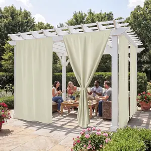 No-Rod Windproof Outdoor Curtains for Patio  with Adhesive Tape &  Tab Bottom, Sun Blocking  Curtains with Rope for Gazebo Porch Pergola, Beige, W 52 x L 84, 2 Panels