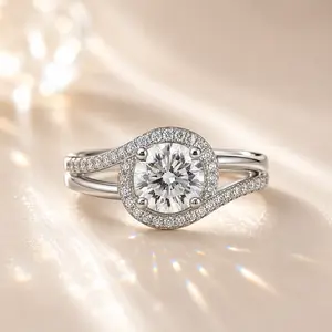 J-007WZ-Women's Luxury Round Cut Moissanite Ring - Stainless Steel Twisted Double Band, Halo Engagement & Wedding Jewelry Gift