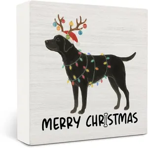 Black Labrador Retriever Merry Christmas Wooden Box Sign Novelty Desk Decor, Black Lab Gifts, Christmas Lab Dog Wood Block Sign for Home Office Desk Table Shelf Wall Decorations, 5x5 Inch