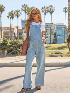 Women's Light Blue Denim Strap Jumpsuit, Wide Leg Loose Fit, Adjustable Straps, Casual One-Piece, Perfect for Daily Wear