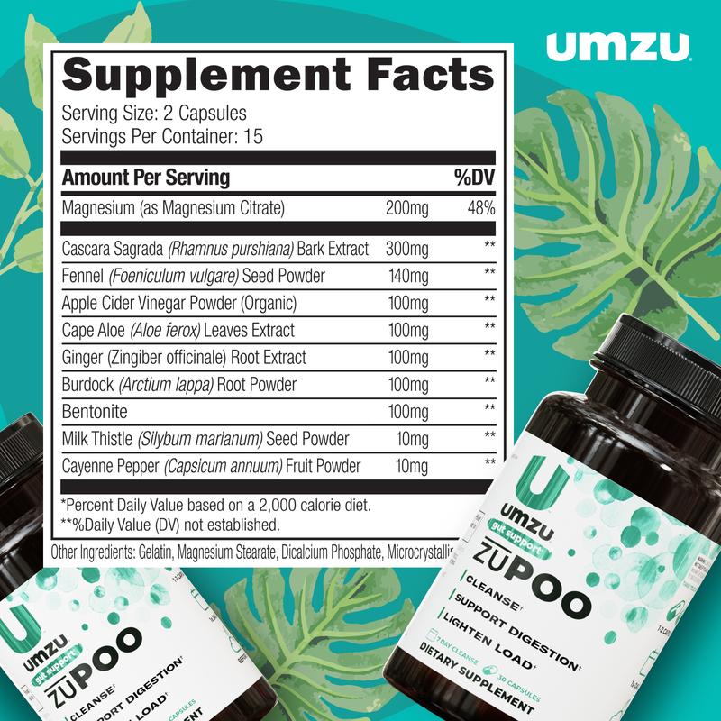 UMZU zuPOO – Gut Cleanse & Digestive Support with Magnesium & Cascara Sagrada Herbal Supplement Cleansing Dietary Supplement（1 Bottle & 2 Bottles)