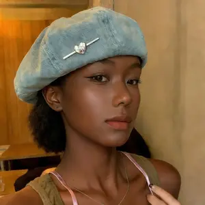 Heart Iron Label Denim Wide Brim Beret Hat, Women's Washed Jean Octagonal Cap, Thin Breathable Painter Hat, Large Head Size Makes Face Look Small, Unique Tag Beret